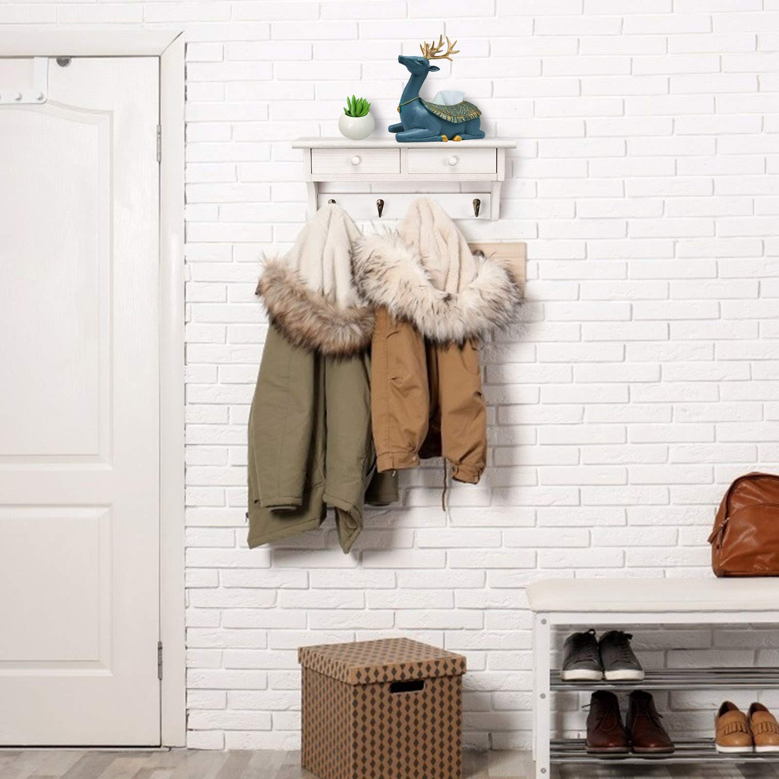 Emfogoo Rustic Wood Coat Rack with Shelf & Vintage Hooks, Farmhouse Wall Mount Coat Rack for Entryway, Bedroom, Living Room, Kitchen(White)