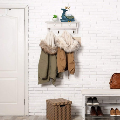 Emfogoo Rustic Wood Coat Rack with Shelf & Vintage Hooks, Farmhouse Wall Mount Coat Rack for Entryway, Bedroom, Living Room, Kitchen(White)