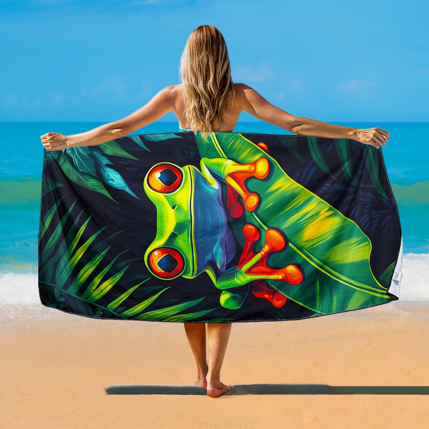 Violetpos Red-Eyed Tree Frog Beach Towel, Extra Large 180x90 cm 250GSM Microfibre, Sand Free Quick Dry