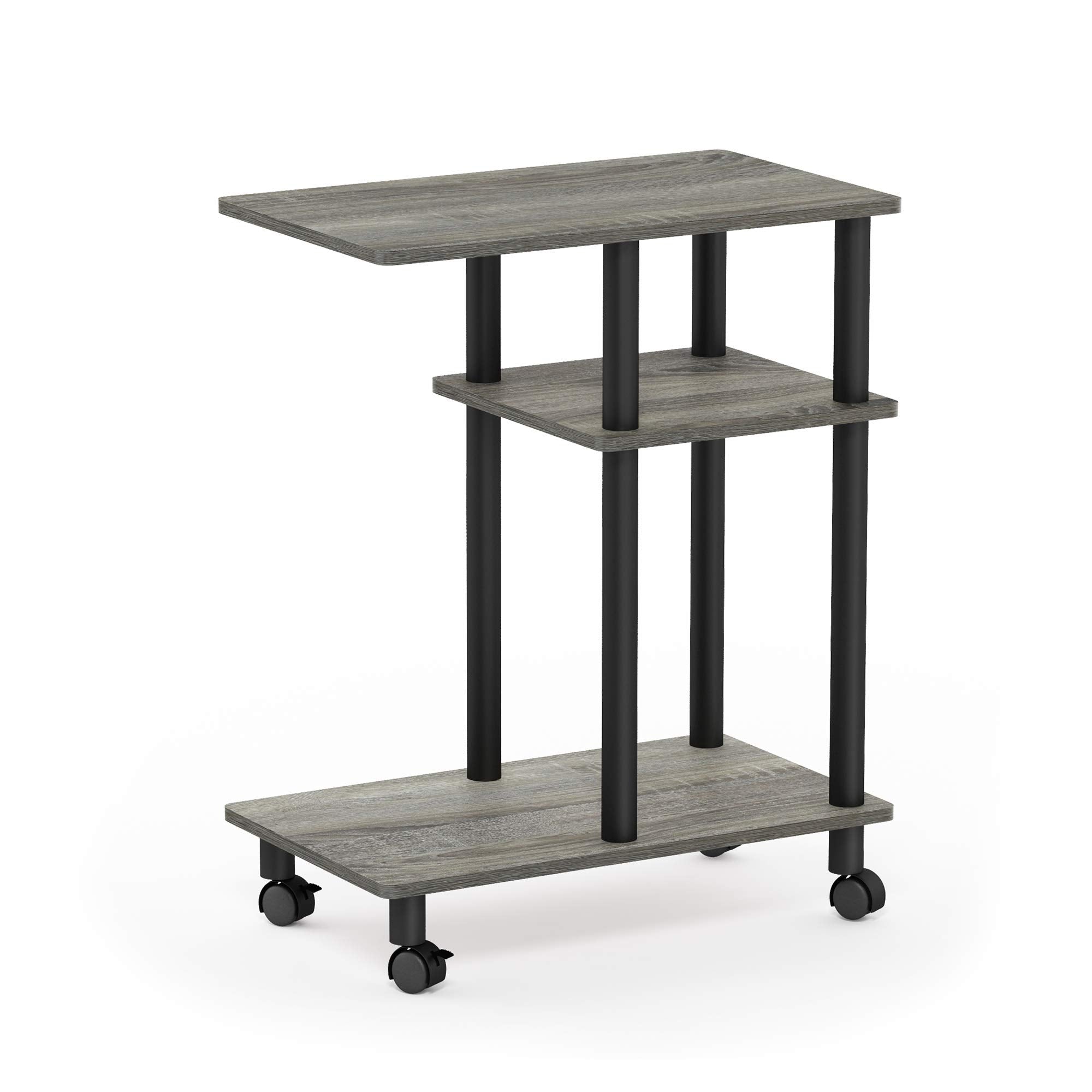 Furinno TURN-N-TUBE Side Table, 3-Tier C-Shape End Table with Wheels, Toolless Assembly Night Stand, Bedside Table with Open Shelf, for Living Room