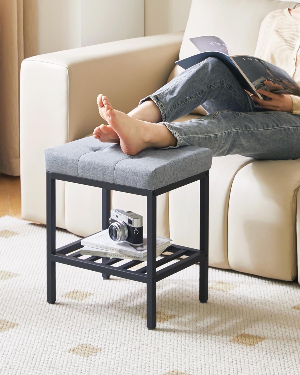 IBUYKE Rectangular Makeup Stool, Linen Seat Vanity Chair, Blue Gray WBD017L