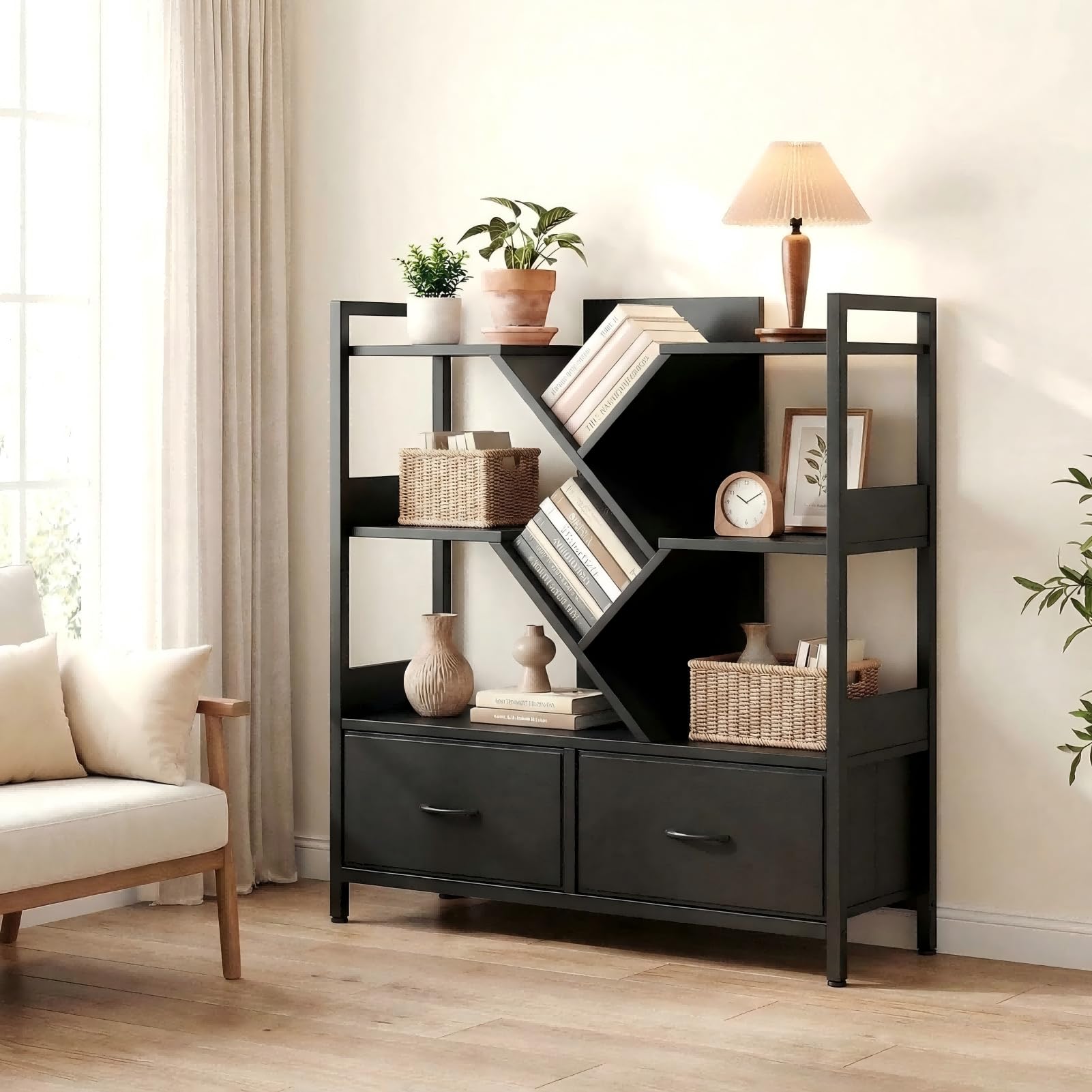 IRONCK Black Bookshelf with 2 Drawers & Wheels, Cube Bookcase 100x32x104 cm