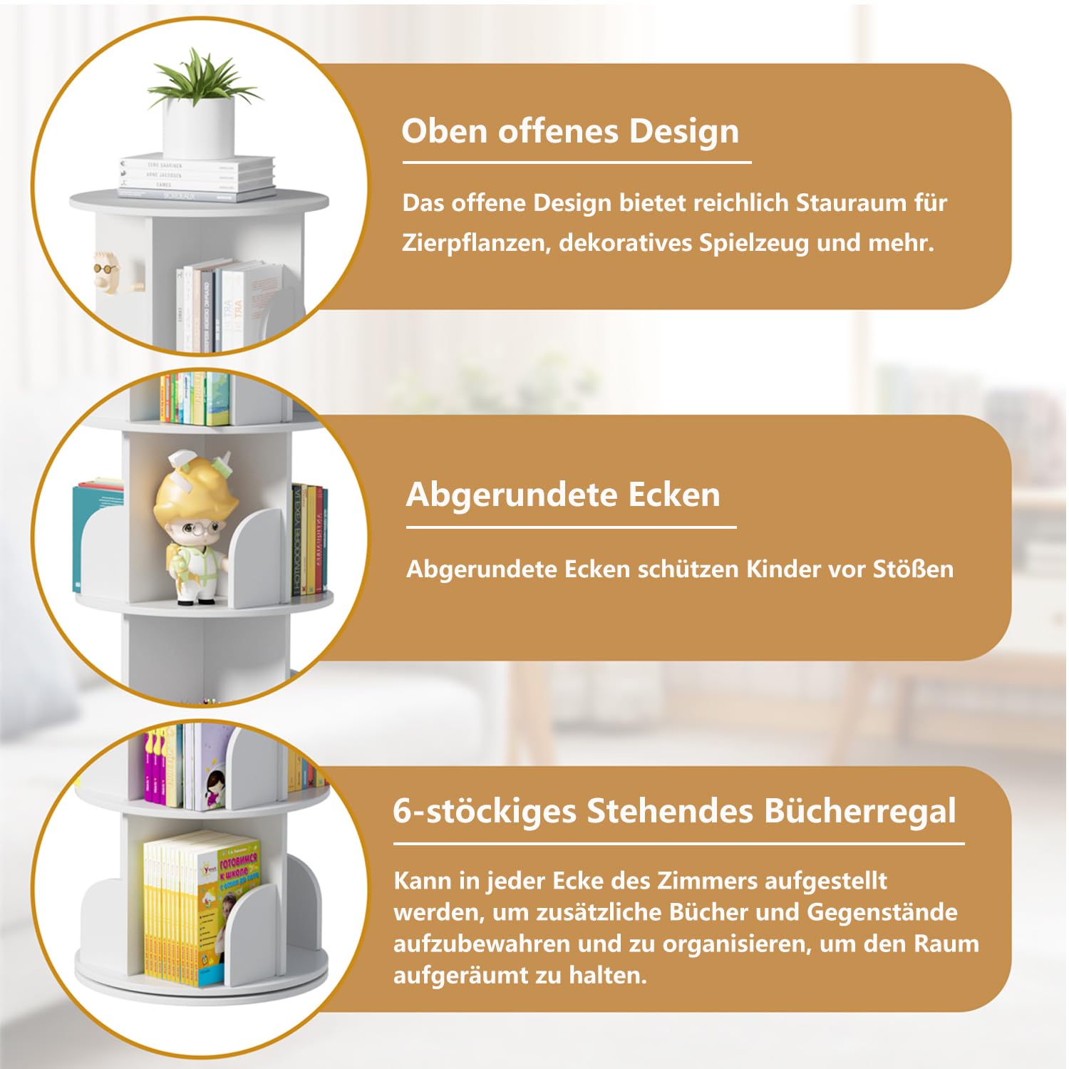 tonchean 6-Tier Rotating Bookcase, Large Standing Shelf, Rotating Shelf, 190 cm