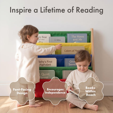 Humble Crew Primary Wooden Bookshelf for Children, 4 Tier Book Storage Organiser with Deep Fabric Pockets