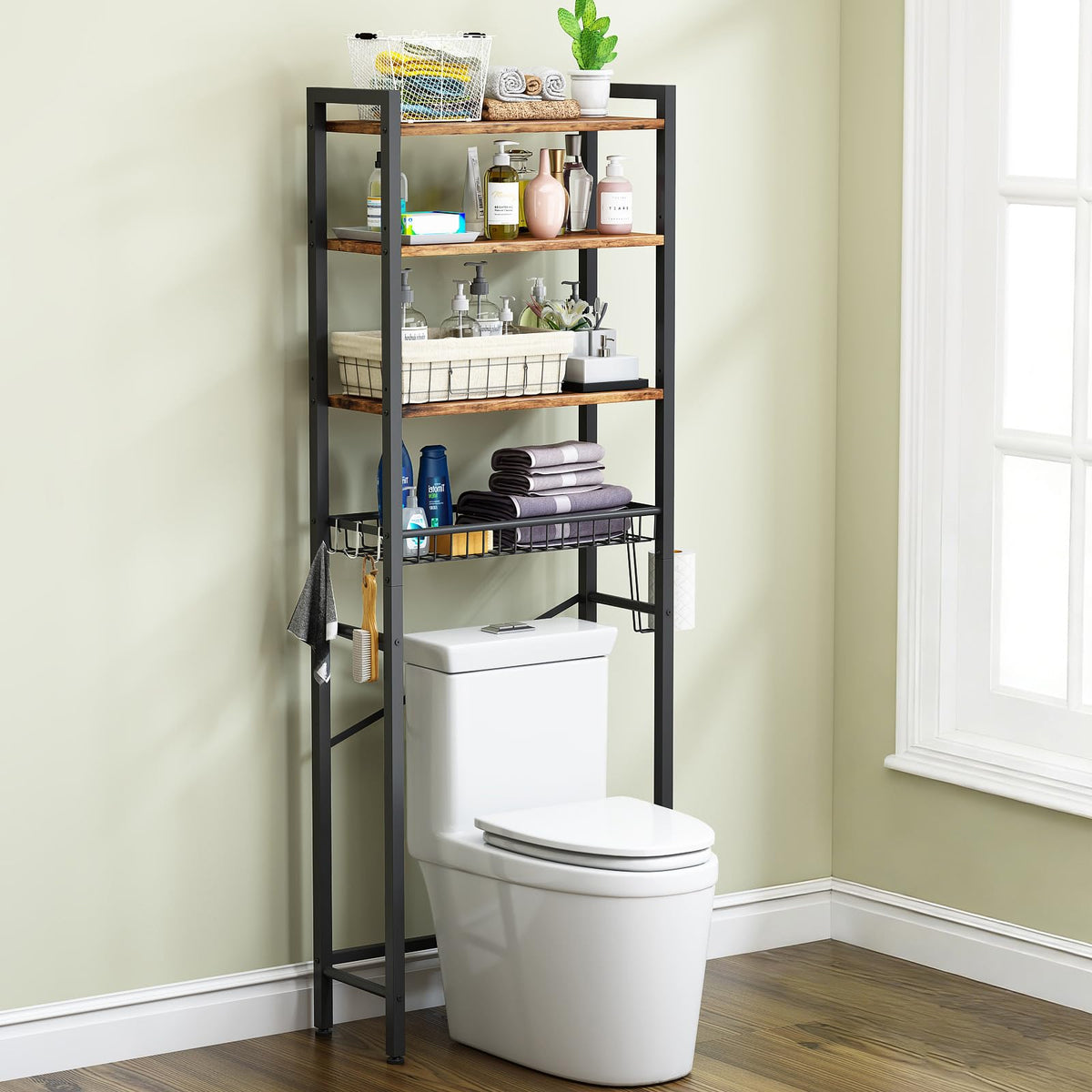 CAPHAUS Over The Toilet Storage Rack, 4-Tier Bathroom Organizer Shelf Over Toilet with Adjustable Shelf and Basket