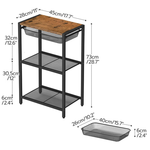 HOOBRO Tall Side Table, 3-Tier Industrial Telephone End Table with Storage Shelves and Basket, Small Laptop Table for Living Room, Bedroom, Office