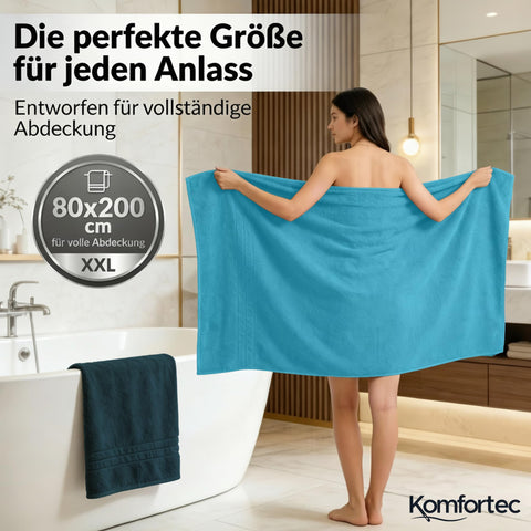 Komfortec Jumbo Bath Towels, 100% Cotton, Quick Dry, 80x200, Teal & Turqoise