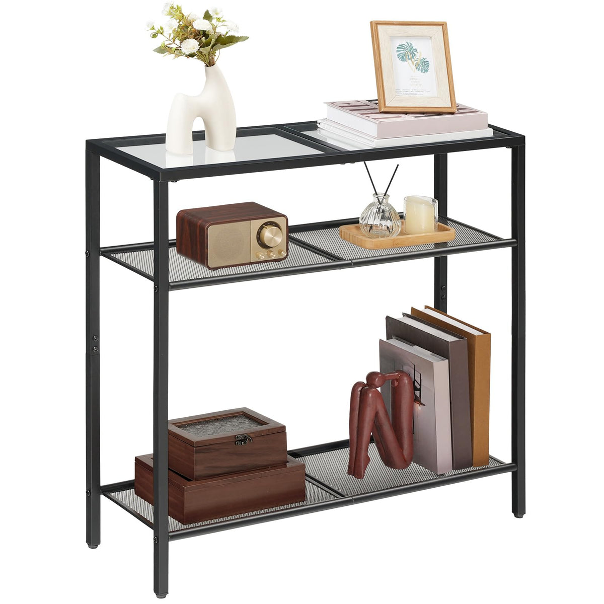 HOOBRO 3-Tier Console Table, Tempered Glass Sofa Table, Narrow Side Table, Modern Hallway Table, for Living Room, Foyer, Hallway, Bedroom