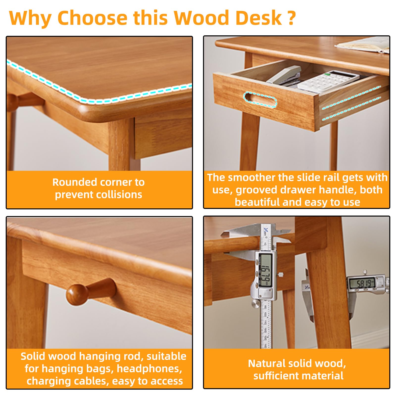 Aibiju Wooden Computer Desk with Drawer and Hanging Rod, Modern Minimalist Style PC Laptop Computer Workbench with Solid Wood