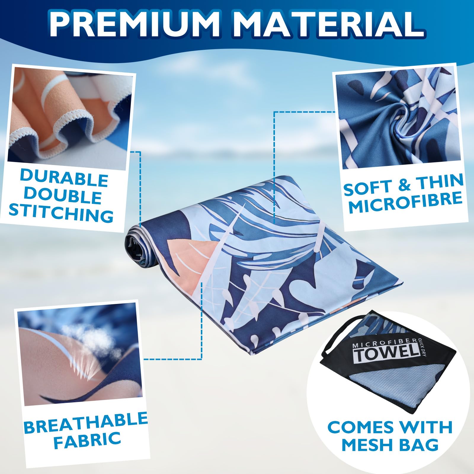 Giyim Beach Towels - 1 Pack 200x90cm Lightweight Microfibre Beach Towel with Mesh Bags