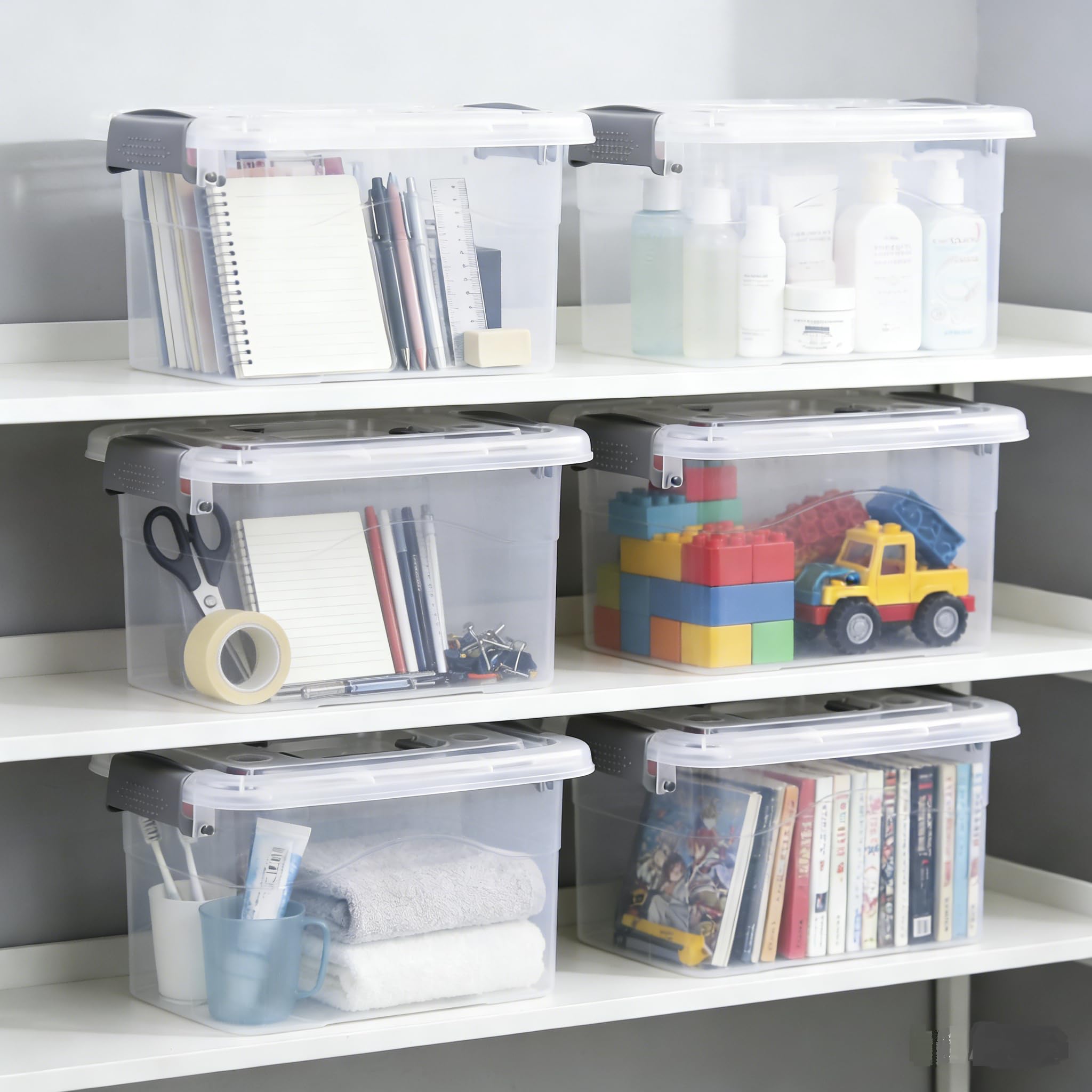 Minekkyes 6-Pack Home Storage Bins, Plastic Container, Latching Box with Handle (Grey Handle)