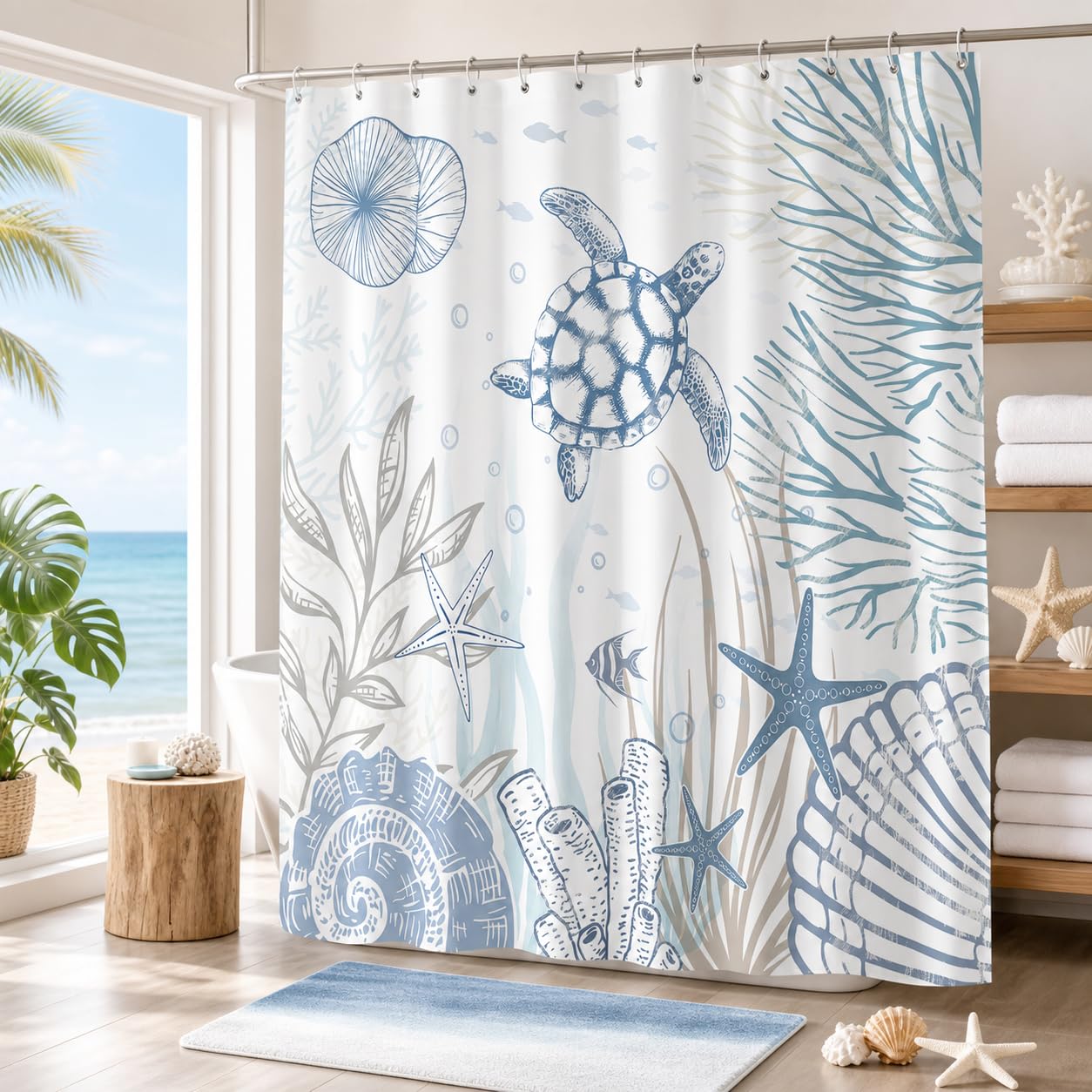 Hopomoon Sea Turtle Shower Curtain,Ocean Coastal Nautical Shells Starfish Coral Bath Curtain,Waterproof Polyester Fabric Summer Bathroom Decor with