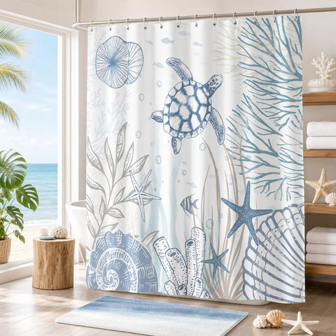 Hopomoon Sea Turtle Shower Curtain,Ocean Coastal Nautical Shells Starfish Coral Bath Curtain,Waterproof Polyester Fabric Summer Bathroom Decor with