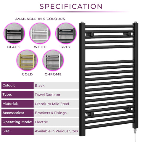 Newark Matt Black Electric Heated Towel Rail Wall Mounted Slim Ladder Design Bathroom Radiator - 770mm x 500mm