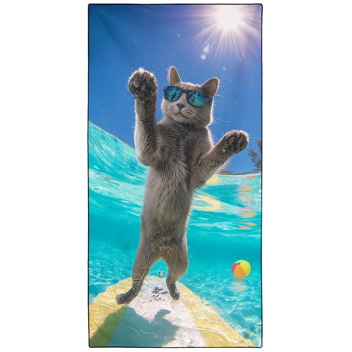 Violetpos Day Surfing Grey Cat with Sunglasses Beach Towel, Extra Large 180x90 cm 250GSM Microfibre, Sand Free Quick Dry