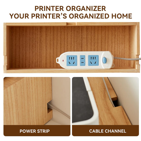 KIRIGEN Solid Wood Printer Stand with 2 Drawers & Open Compartment, Desk Tidy Organizer for A4 Paper, Office Supplies & Power Strip Storage