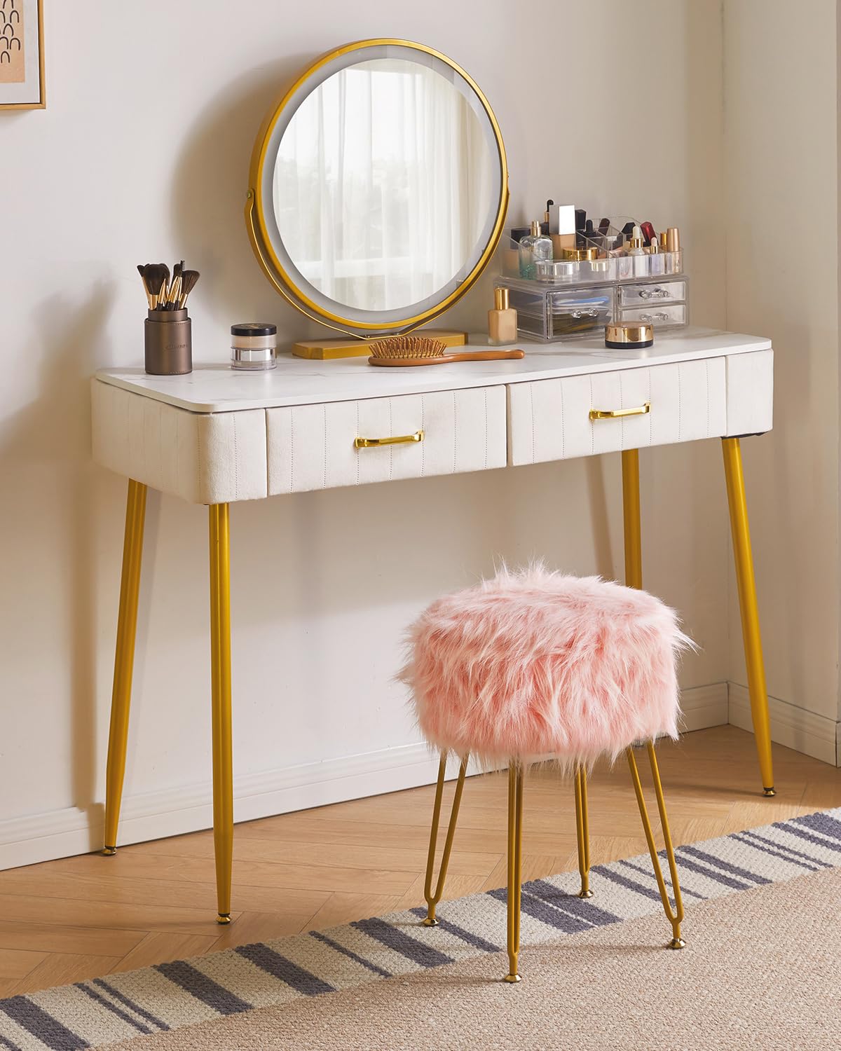 IBUYKE Round Faux Fur Vanity Stool with Storage, Makeup Chair, Pink WBD021P