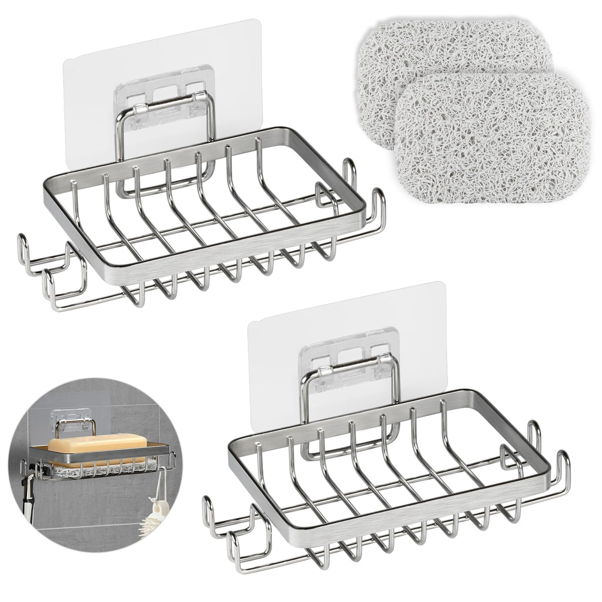 YoHyien 2 Pcs 304 Stainless Steel Wall Mounted Soap Holder, Self Adhesive Soap Dishes with Hooks & Soap Saver, Shower Soap Holder for Bathroom