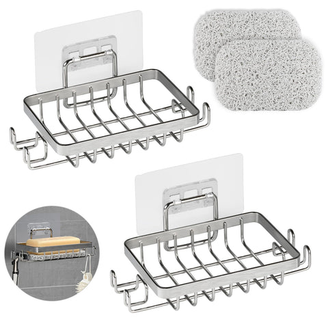 YoHyien 2 Pcs 304 Stainless Steel Wall Mounted Soap Holder, Self Adhesive Soap Dishes with Hooks & Soap Saver, Shower Soap Holder for Bathroom