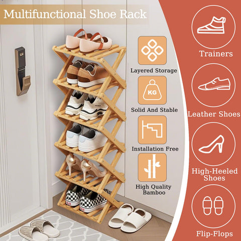 SHEBUYLLI Vertical Foldable Shoe Rack Small, Wooden Shoe Storage Cabinet