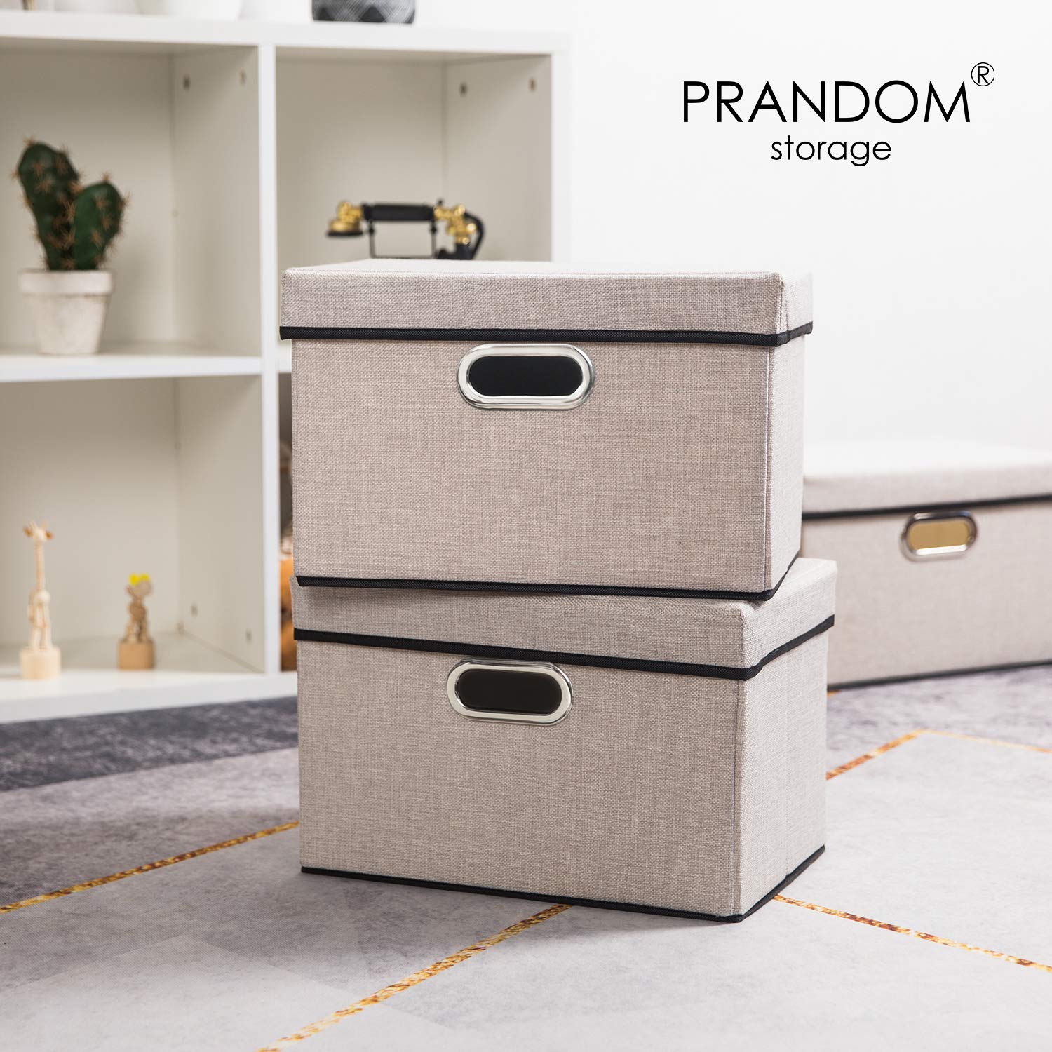 Prandom Storage Boxes with Lids,Collapsible Linen Fabric Storage Box,Decorative Bins,Really Useful Box,Clothing Storage,Stackable,38x25x25cm,Light