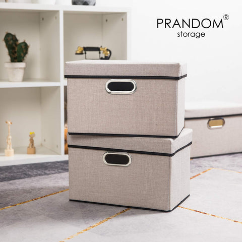 Prandom Storage Boxes with Lids,Collapsible Linen Fabric Storage Box,Decorative Bins,Really Useful Box,Clothing Storage,Stackable,38x25x25cm,Light