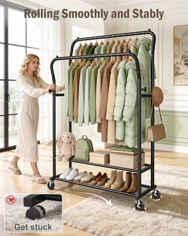 EAGMAK Heavy Duty Clothes Rail Load 378 kg, Double Rods Clothing Rails on Wheels, Height Adjustable Hanging Rack with Shelves & Coat Hooks
