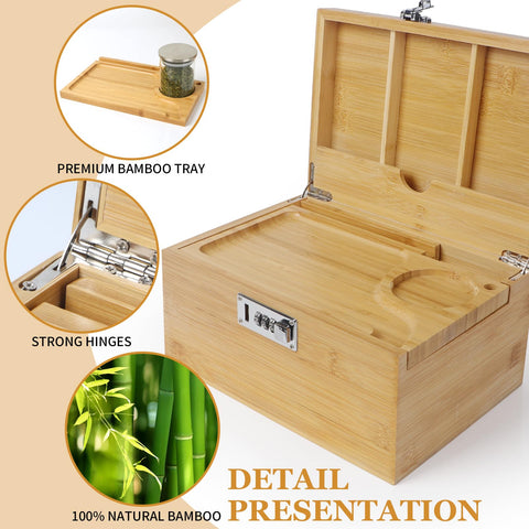 TISEMENT Large Bamboo Box with Combination Lock, Decorative Storage Box with Detachable Compartment