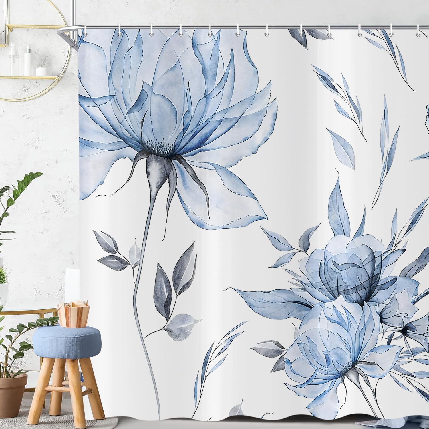 ASDCXZ Watercolor Floral Shower Curtain 180x200 cm, Ink Painting Style Blue Flowers Leaves Spring Plants Waterproof Bath Curtain Polyester Textile
