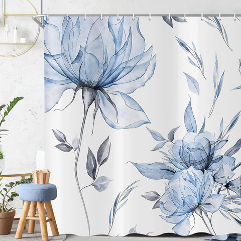 ASDCXZ Watercolor Floral Shower Curtain 180x200 cm, Ink Painting Style Blue Flowers Leaves Spring Plants Waterproof Bath Curtain Polyester Textile