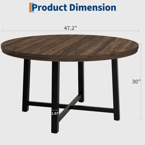 47 in Round Dining Table, Industrial Dinner Table for 4 to 6, Wooden Kitchen Table with Sturdy Metal Frame & Rustic Light Oak Finish