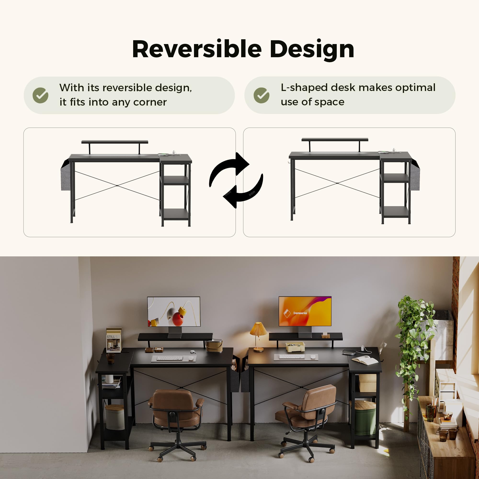 Mericonia Corner Desk, w. Monitorstand & Built-in Socket, 100x70cm, Black