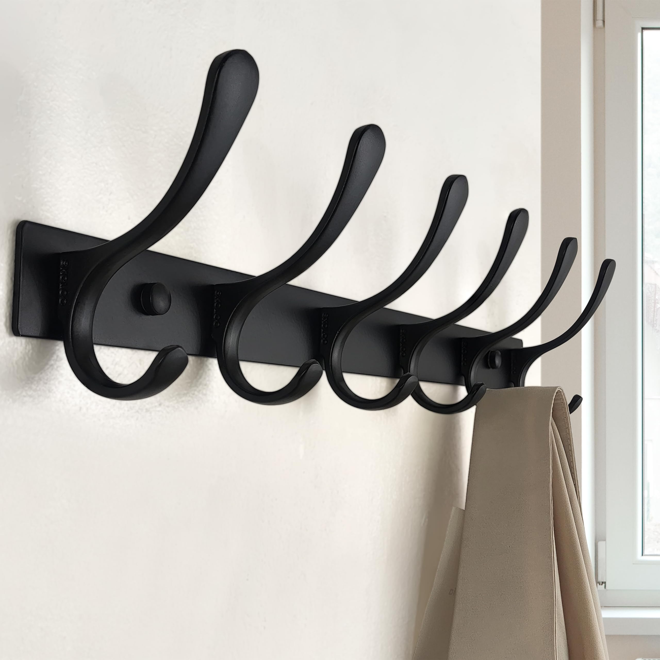 SKOLOO Coat Rack Wall Mounted - 6 Hooks, Heavy Duty, Stainless Steel, Metal Wall Coat Hanger, Sturdy Wall Hooks for Hanging Coat, Jacket, Clothes