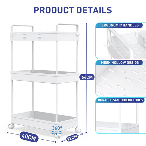 Ronlap Slim Storage Trolley, 3 Tier Rolling Cart Storage Organizer, White