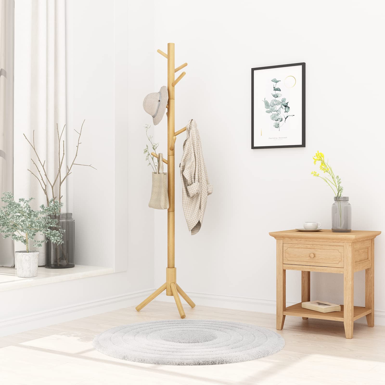 YMYNY Wooden Coat Rack Stand, Hall Tree Free Standing with 8 Hooks, Hallway Coat Hanger Hat Stand for Bag Umbrella Clothes Scarves, Adjustable Sizes