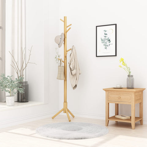 YMYNY Wooden Coat Rack Stand, Hall Tree Free Standing with 8 Hooks, Hallway Coat Hanger Hat Stand for Bag Umbrella Clothes Scarves, Adjustable Sizes