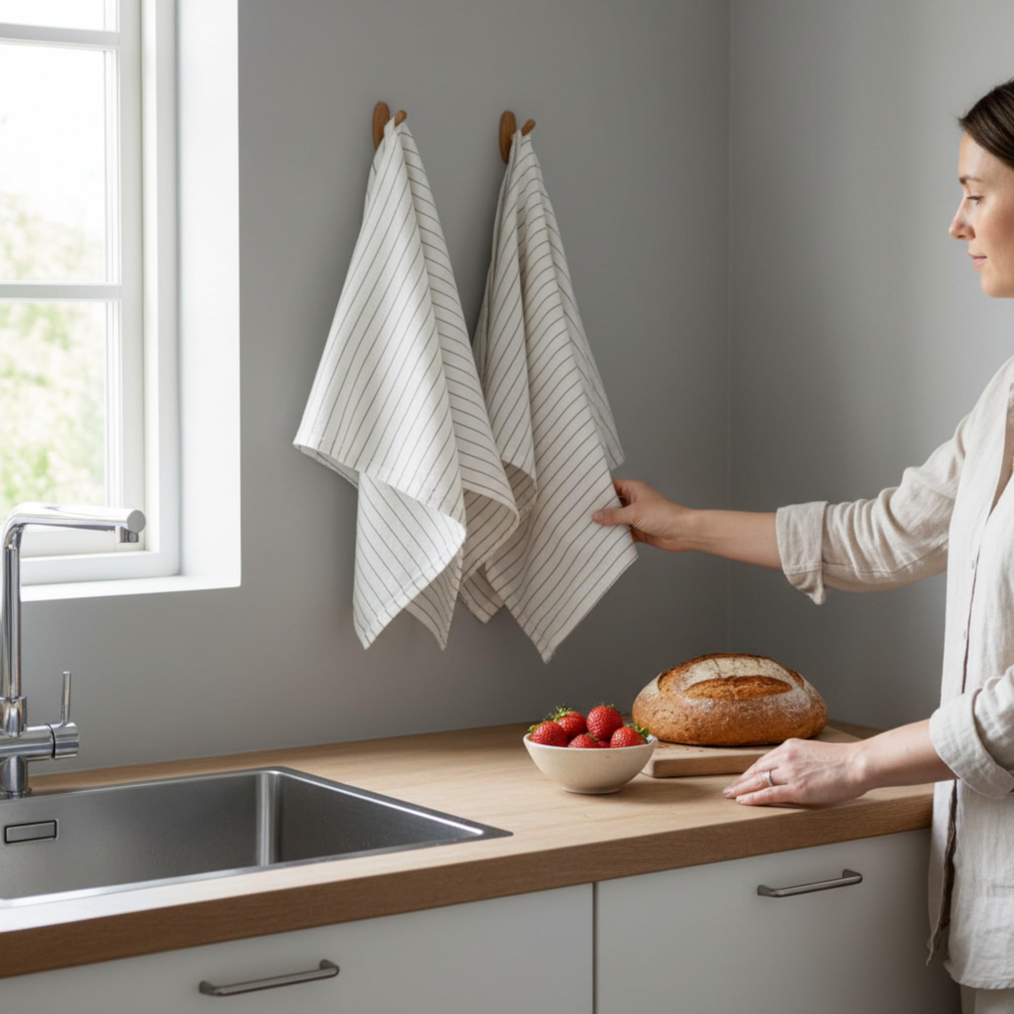 Eight Owls Stonewashed Linen Kitchen Dish Towels – 50 x 68 cm – 100% Pure Linen Tea Towel/Hand Towel - set of 2 (Olive Pinstripe)