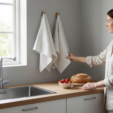 Eight Owls Stonewashed Linen Kitchen Dish Towels – 50 x 68 cm – 100% Pure Linen Tea Towel/Hand Towel - set of 2 (Olive Pinstripe)