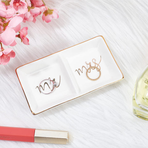 NICENEEDED Mr & Mrs Ring Dish, Two Section Trinket Tray for Wedding Engagement Rings Couples Gifts