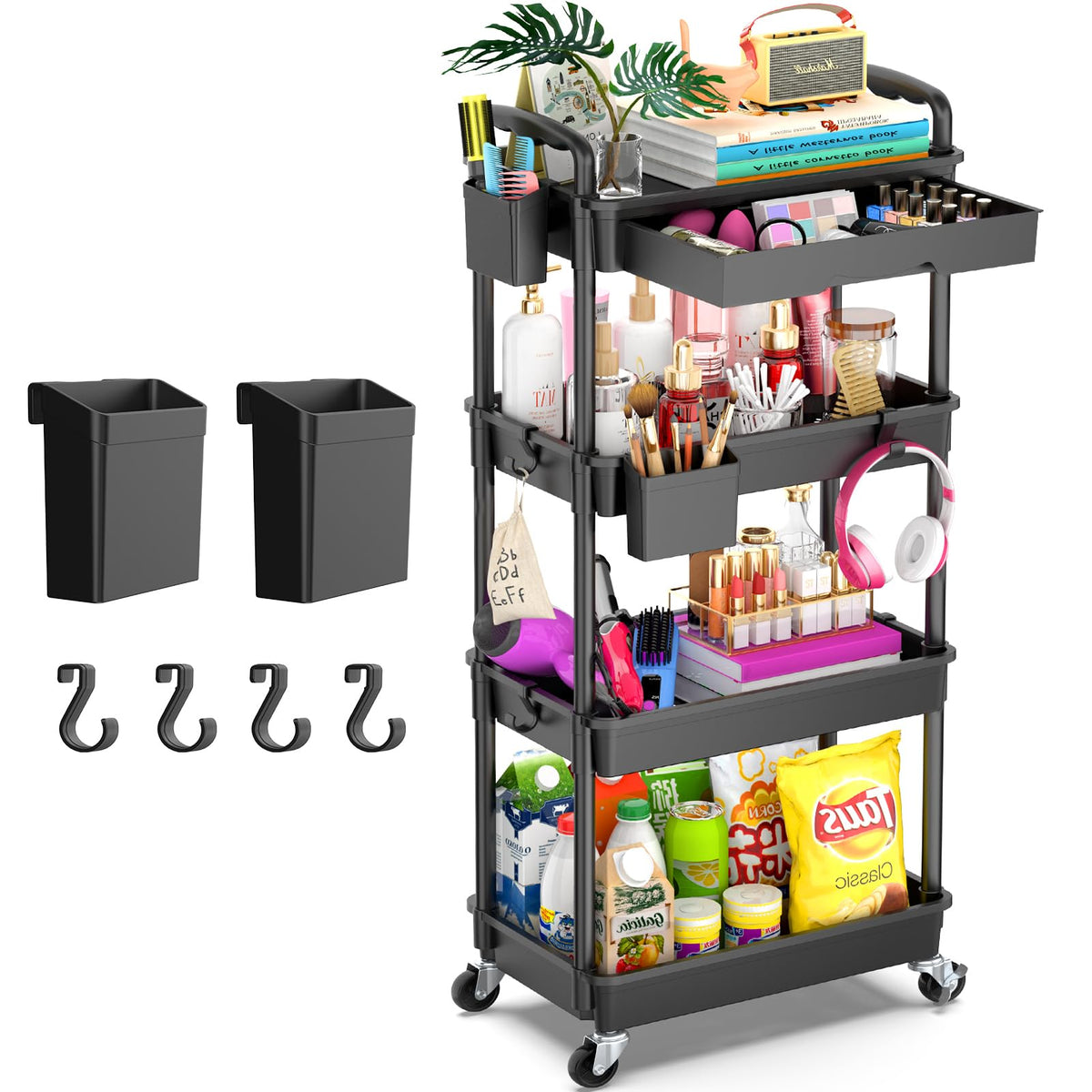 Yeabett 4 Tier Storage Trolley with Drawer, Utility Cart with Plastic Shelf & Lockable Wheels Multifunctional Storage Cart for Kitchen, Bathroom