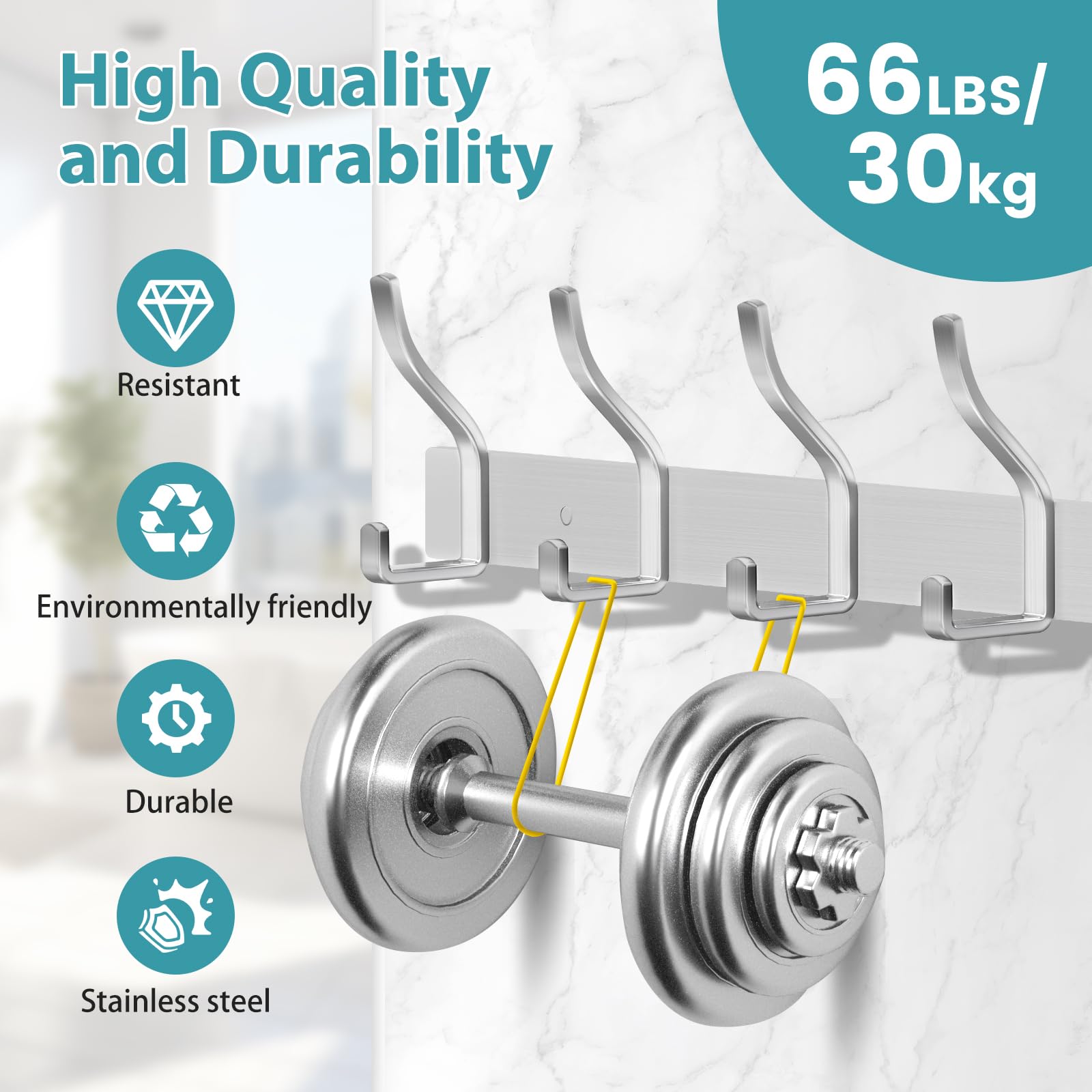 MEIJO Coat Hooks Wall Mounted Stainless Steel, Silver Coat Rack Wall Mounted with 4 Hooks Heavy Duty Coat Hooks for Door, Bathroom, Bedroom, Kitchen