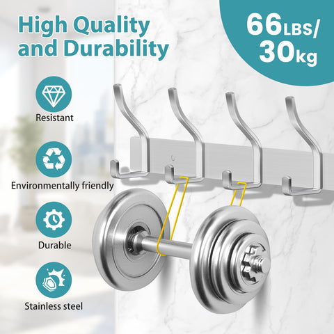 MEIJO Coat Hooks Wall Mounted Stainless Steel, Silver Coat Rack Wall Mounted with 4 Hooks Heavy Duty Coat Hooks for Door, Bathroom, Bedroom, Kitchen
