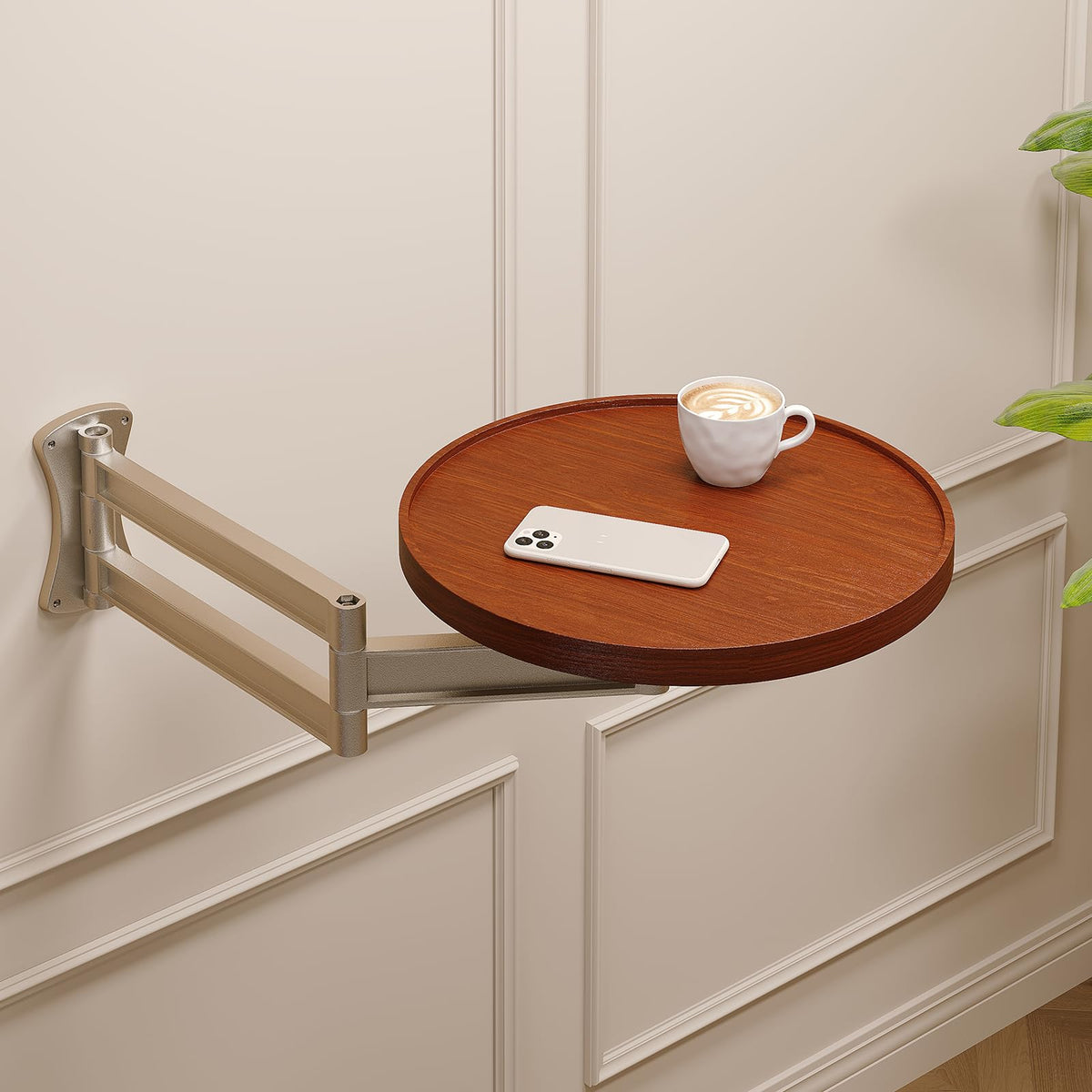 Vanpoo Wall Mounted Folding Table,Walnut Bedside Shelf Wall Mount Floating Wall Desk for Small Spaces,11.8" Round Wood TableTop with Aluminum Alloy