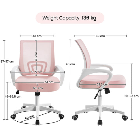 Yaheetech Ergonomic Chair Mesh Swivel Lumbar Support Adjustable Desk Pink