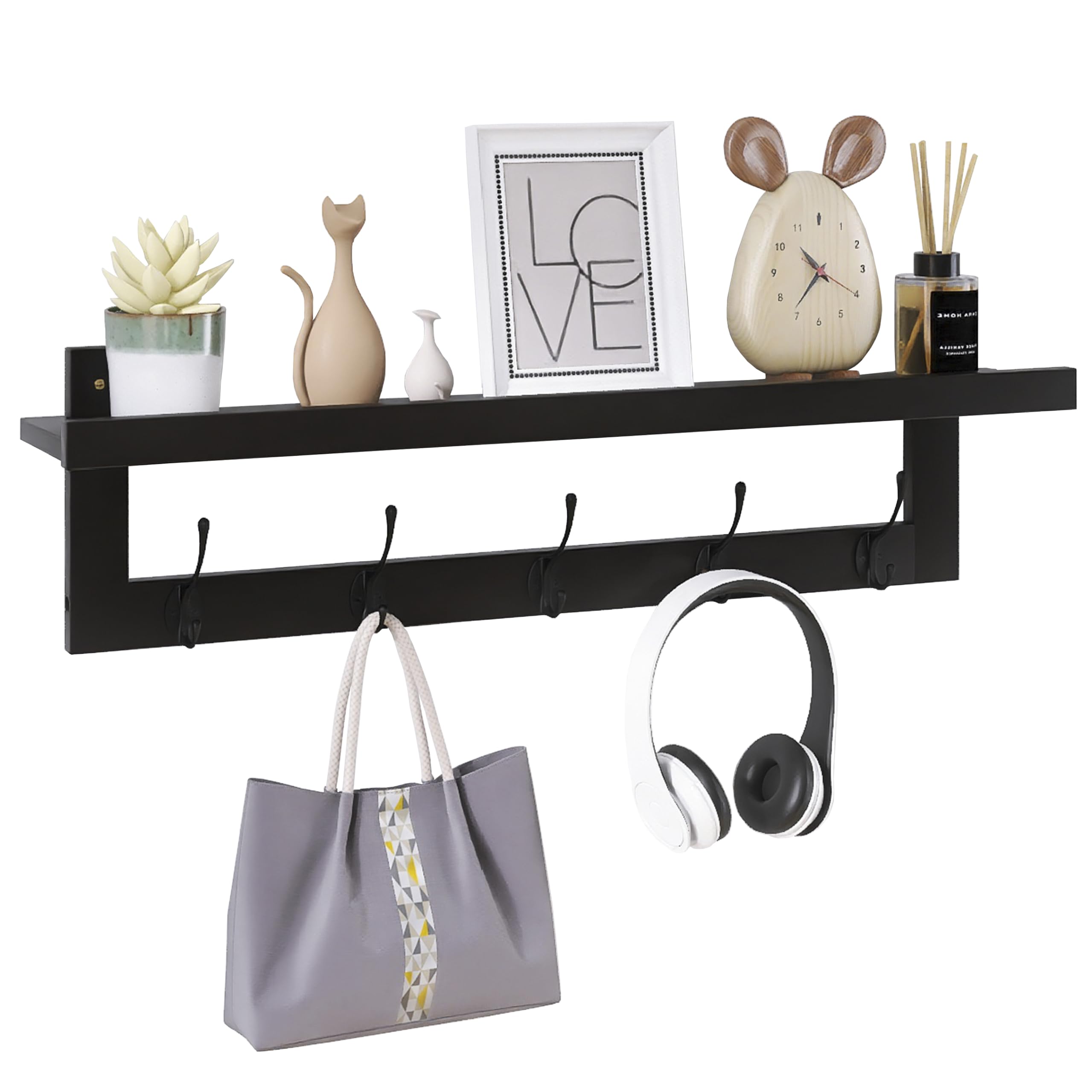 SMIBUY Coat Hooks with Shelf Wall-Mounted, 74 cm Entryway Coat Rack for Wall, Bamboo Hanging Shelf with 5 Double Metal Hooks for Bathroom, Bedroom