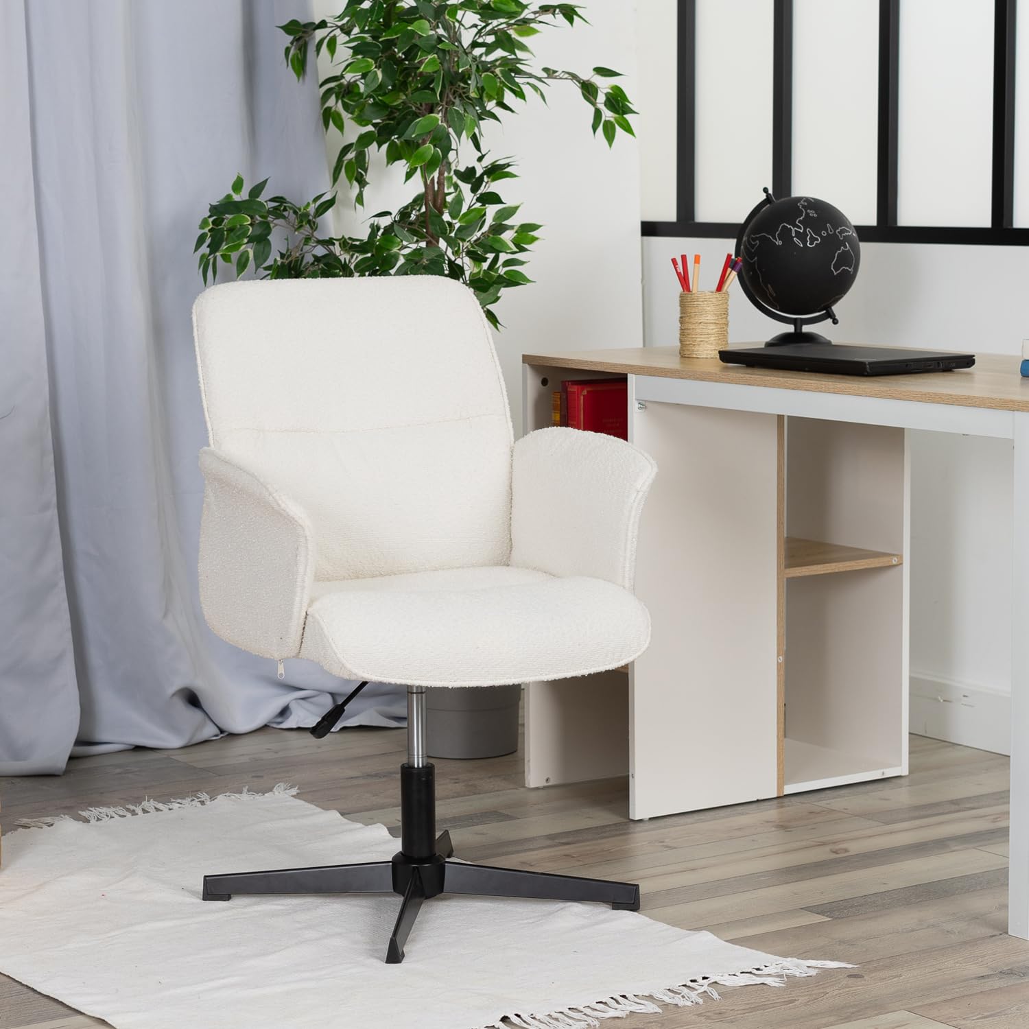 MEUBLE COSY Office Chair Ergonomic Boucle Cross-legged Accent Armchair Swivel Height Adjustable No Wheels High Back for Home Computer Desk Makeup