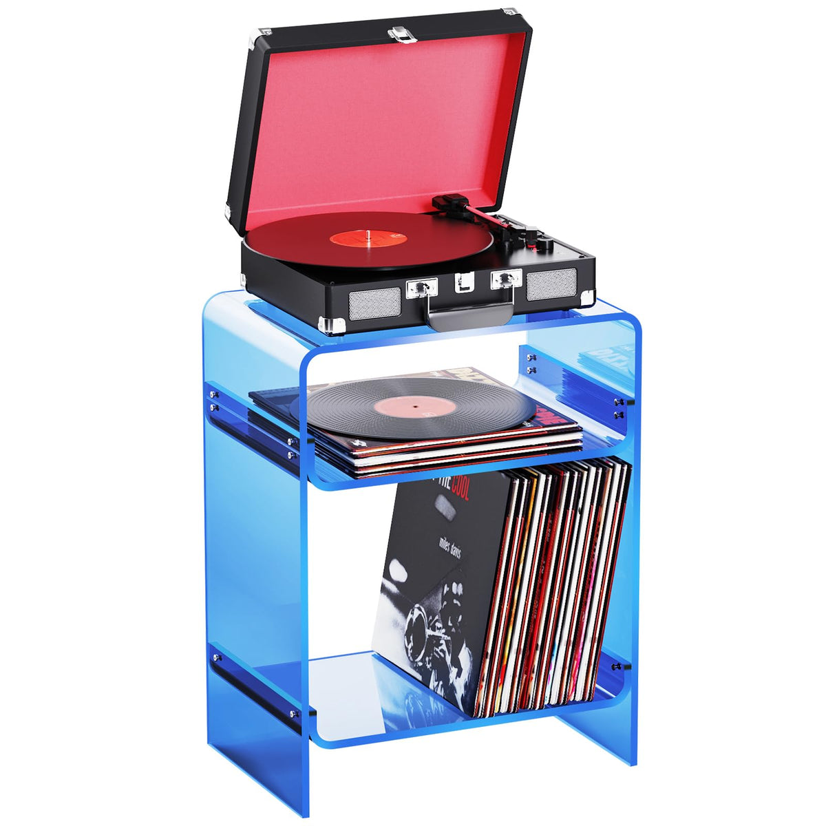 Dewrhiixe Acrylic Record Player Table with Storage Shelf, Clear Side Table, Nightstand (Blue, 45×30×58 cm, Acrylic)