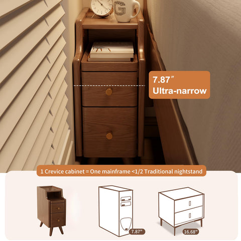 AQIMUELE Small Bedside Table, Narrow Bedside Cabinet with 2 Drawers, Slim Bedside Table for Bedroom, 20cm (Walnut)