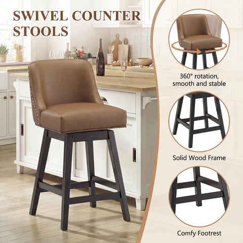 Bar Stools Set of 2, 360° Swivel Upholstered Counter Stools with Back, Wooden Frame Kitchen Bar Chairs with Nailhead Trim