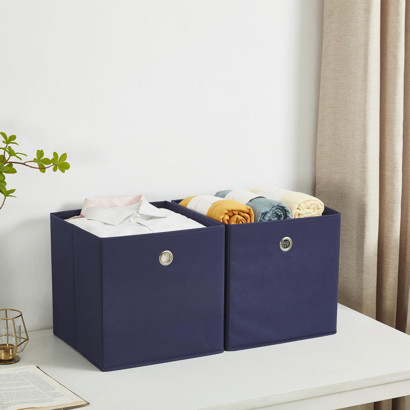Webeasy Square Navy Canvas Fabric Storage Box, Pack of 6 Eyelet Cube Foldable Open Bins for Home Office Nursery Organisation,28X28X28(CM)